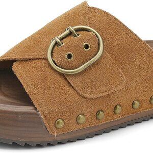 Womens Leather Platform Slides 0.5in Cushion Footbed Slip On Retro Shoes